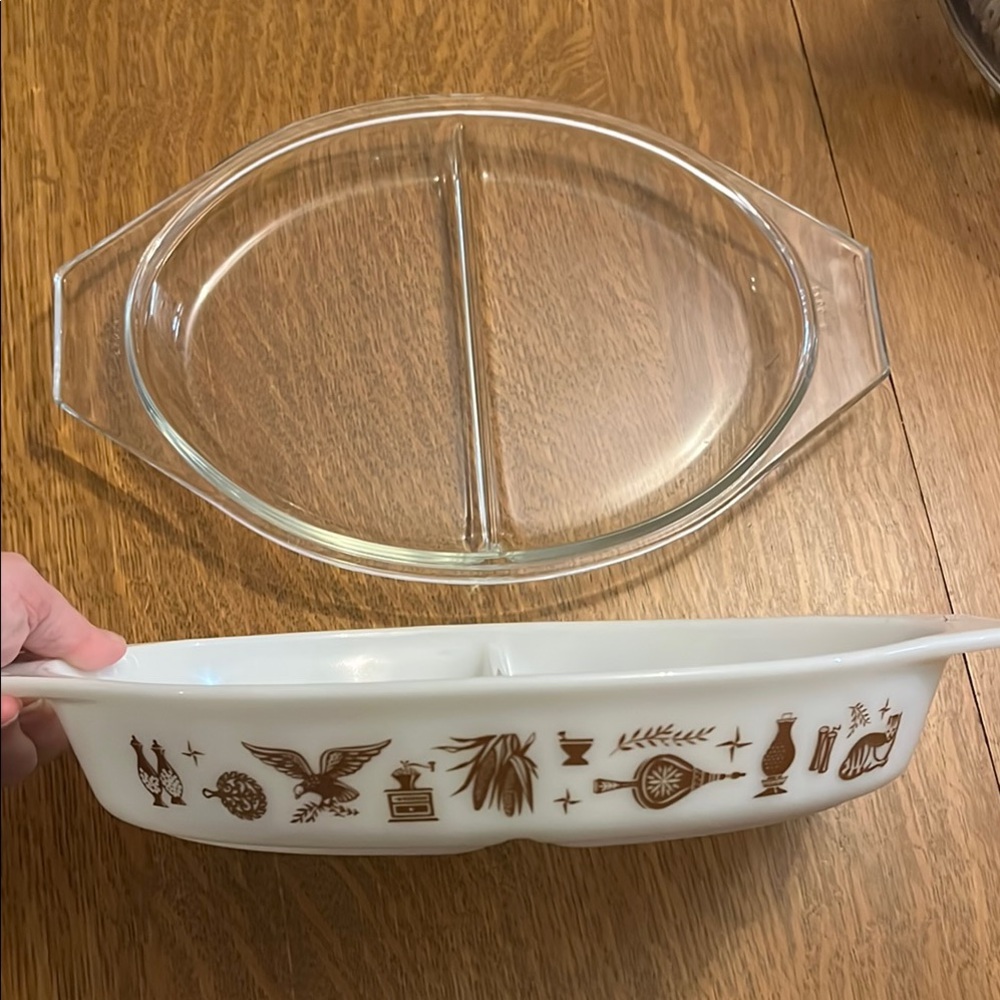 Vintage Pyrex Brown and White Divided Dish